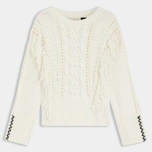 Cotton-blend sweater with cabling and fringing